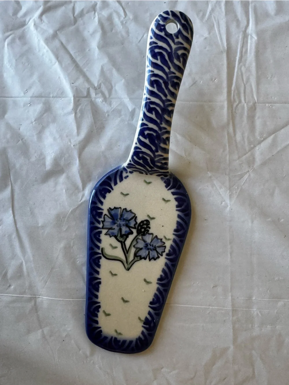 Vintage Unikat Polish Pottery Blue Floral Ceramic Serving Spatula Cake Server